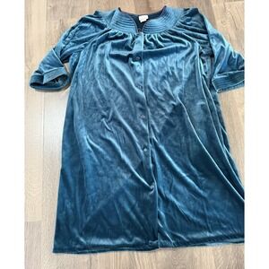 Simply Basic Vtg Velour Robe House Coat Sz L Snap Front Buttons Teal Blue